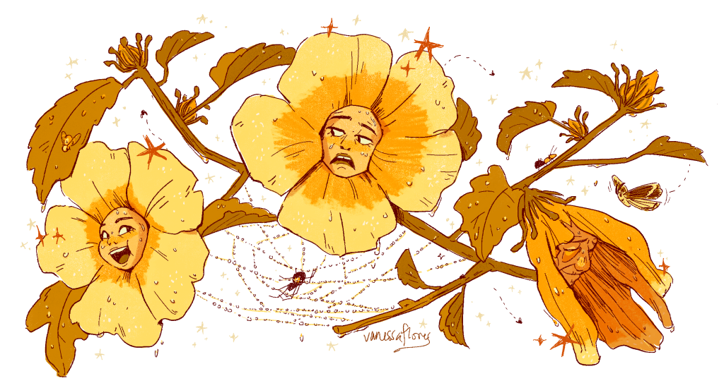 digital illustration of a Hibiscus-inspired plant in yellow tones, with the artist's face in the middle of each flower at three different stages of life: joyous child, anxious adult, and peaceful elder. insects live among the branches and stars decorate the scene