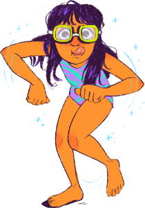 illustration of a small child wearing swimsuit and water goggles doing a silly dance and sticking her tongue out