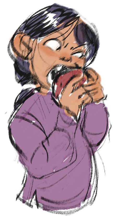 sketch of little Vanessa trying to chew an apple with a huge gap in her front teeth